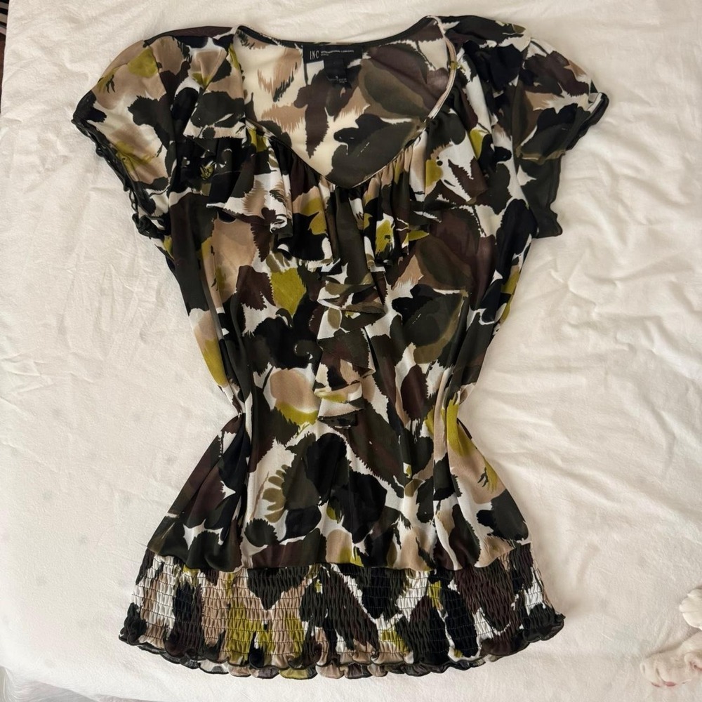 Green and brown sheer Y2K blouse with ruffles - Picture 2 of 6
